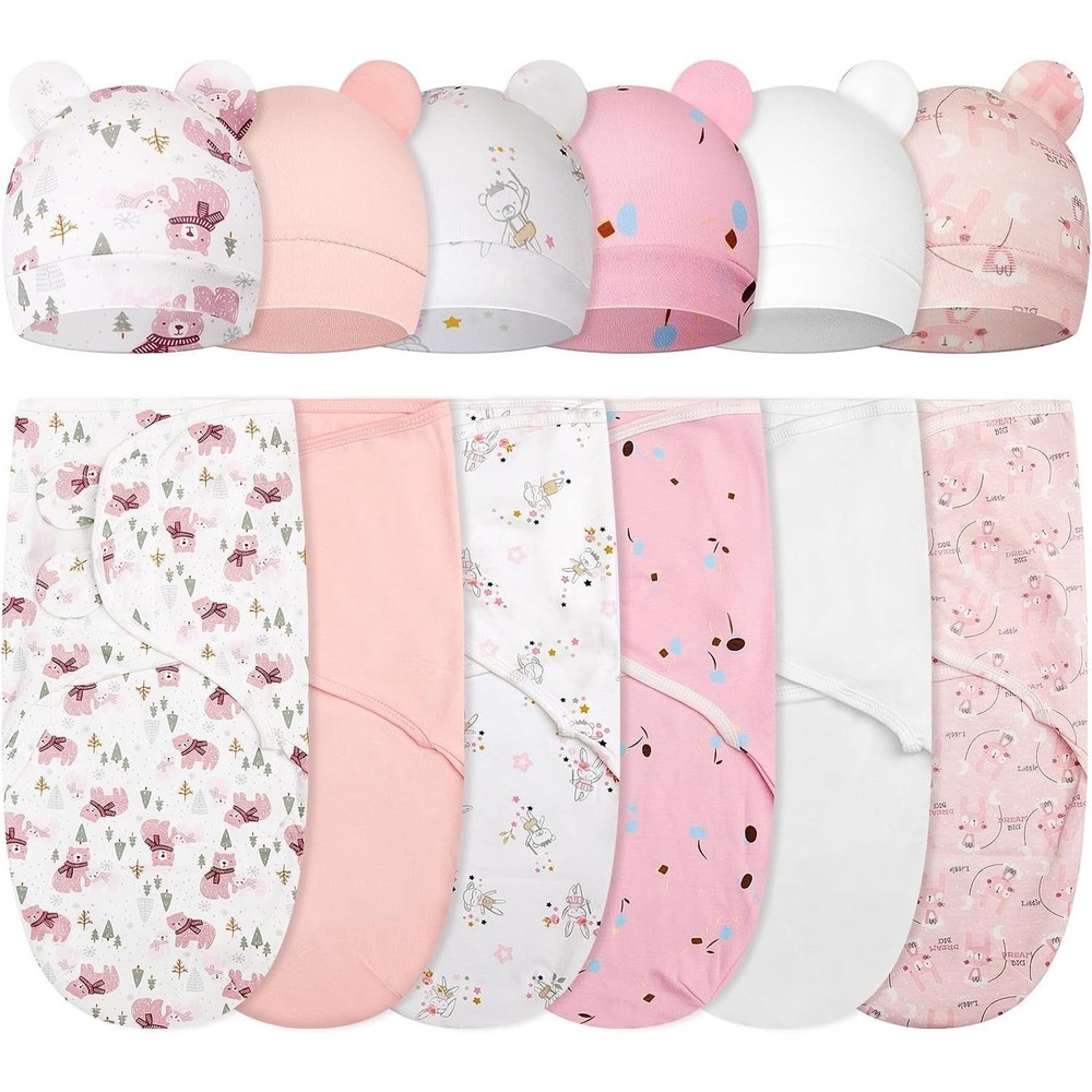 Ramede 6 Pack Soft Cotton Newborn Baby Swaddle Blankets w/ Hats - Bear - Pink